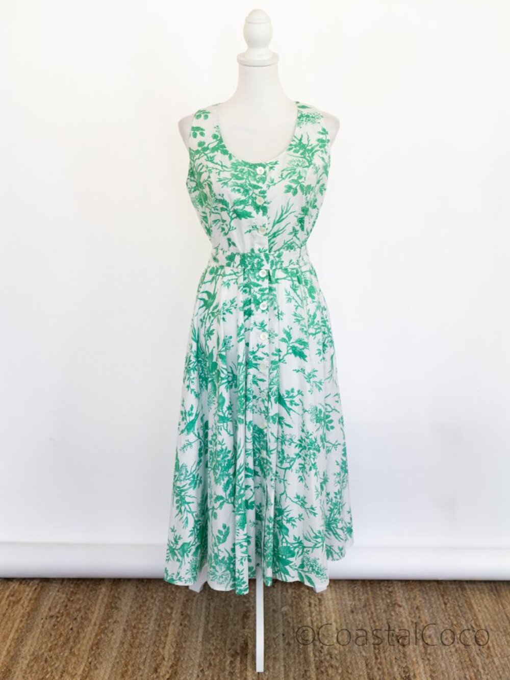J.Peterman Green Toile 6 Midi Dress 100% Cotton Button Front Pockets Cottagecore - Picture 2 of 9